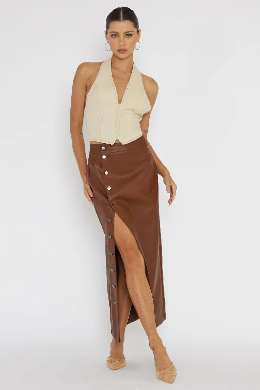 Limited Availability Angelica Button-Up Faux Leather Midi Skirt Brown