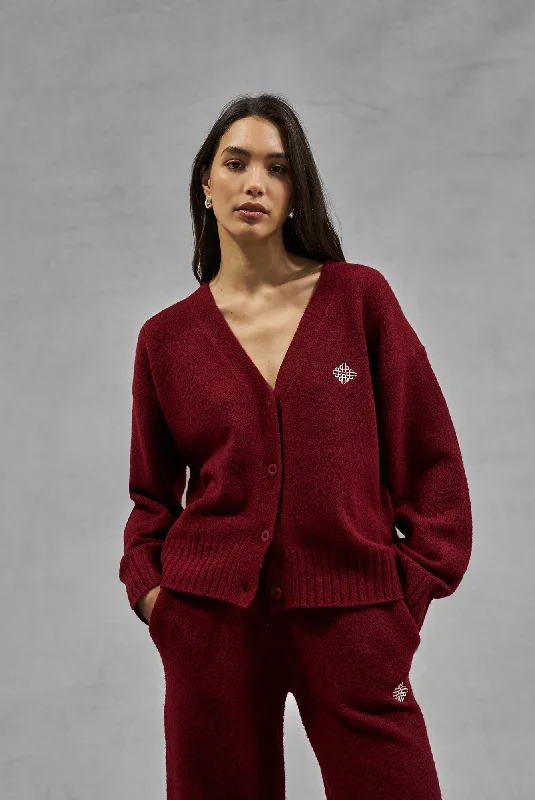 Daily Deals FLUFFY KNIT EMBLEM EMBROIDERED CARDIGAN - BURGUNDY
