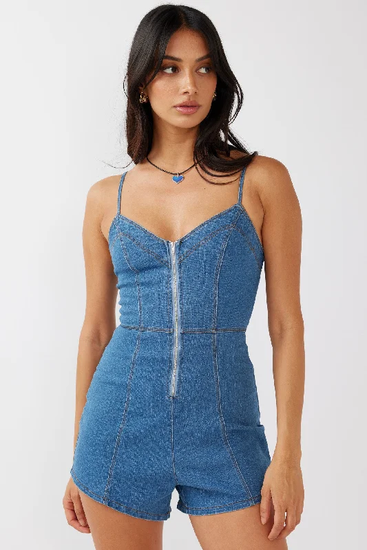 Best Bargains Lyric Cami Strap Zipper Front Romper Dark Blue
