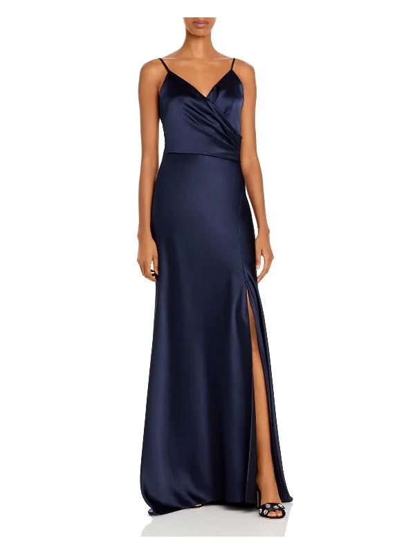 Exclusive Savings AQUA FORMAL Womens Navy Zippered Slitted Spaghetti Strap Surplice Neckline Full-Length Evening Sheath Dress