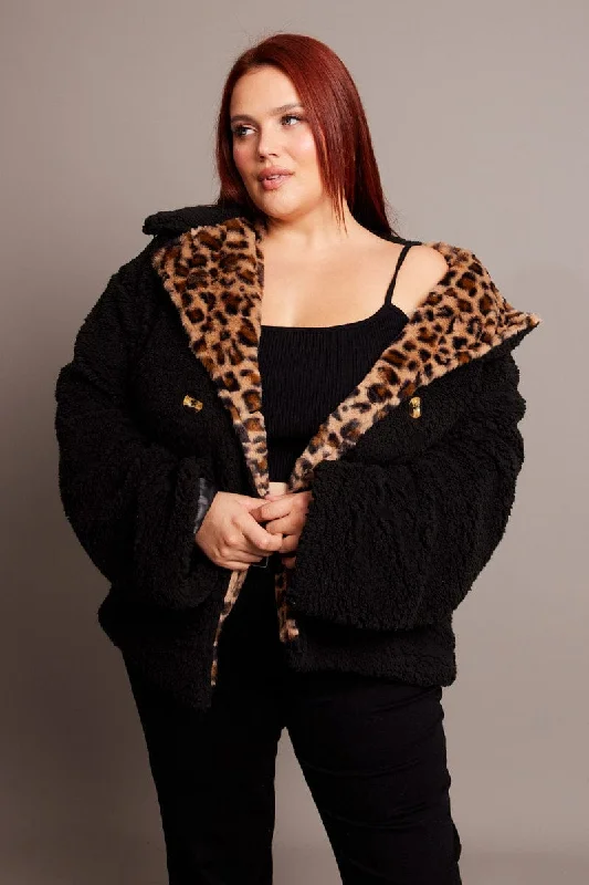 Major Savings Black Teddy Jacket Long Sleeve Leopard Trim