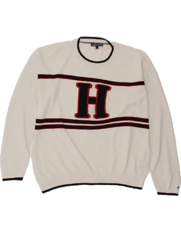 Hurry In TOMMY HILFIGER Womens Graphic Crew Neck Jumper Sweater UK 18 XL White