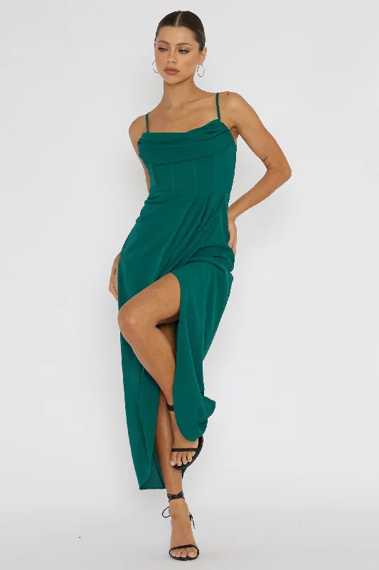 Time-Limited Offer Patrice Draped Neck Split Midi Dress Forest Green