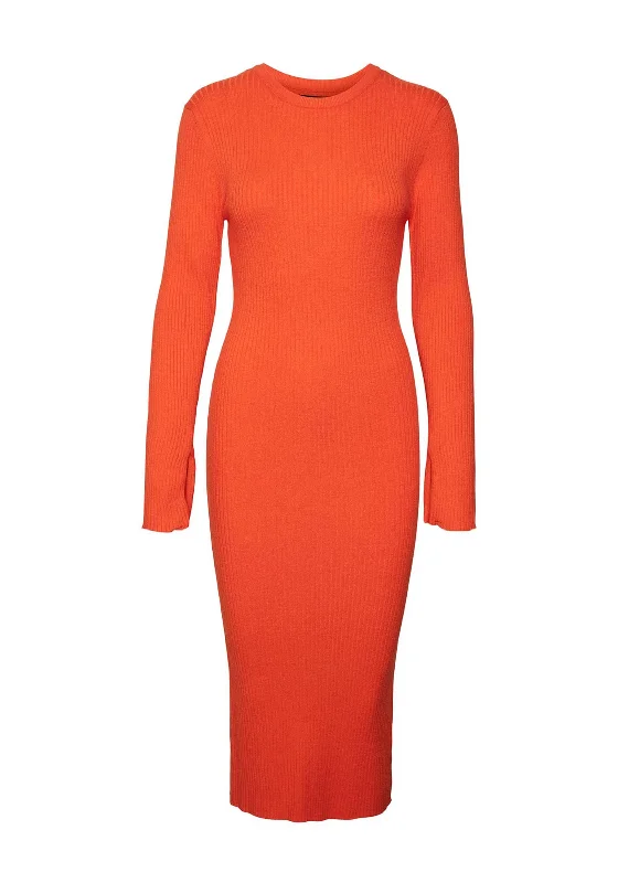 Closeout Sale Vero Moda Gold Ribbed Knit Midi Dress, Tangerine Tango