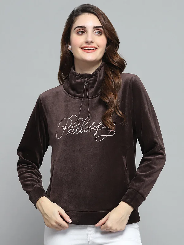 Best Bargains Women Brown Self Design Mock Neck Full Sleeve Sweatshirt