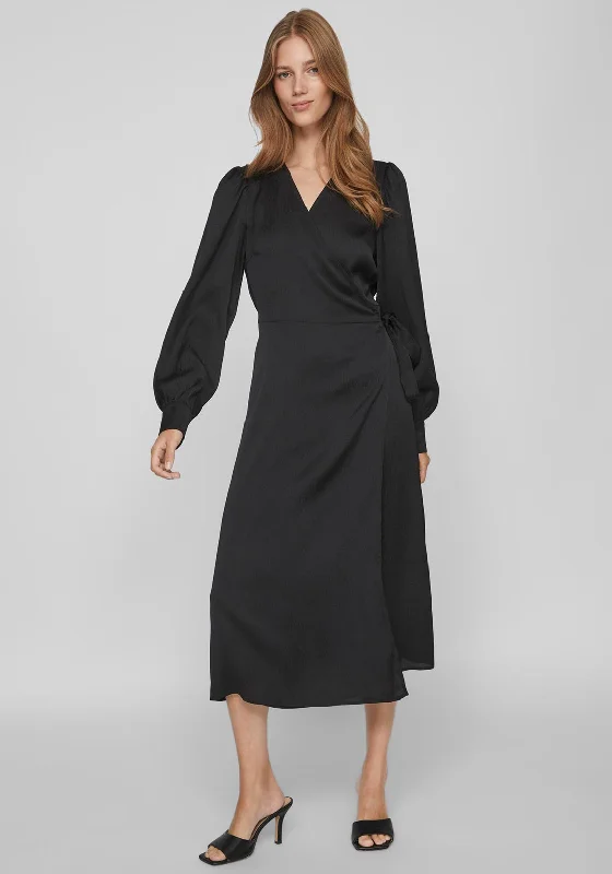 Stock Clearance Vila Omi Satin Wrap Midi Dress, Black
