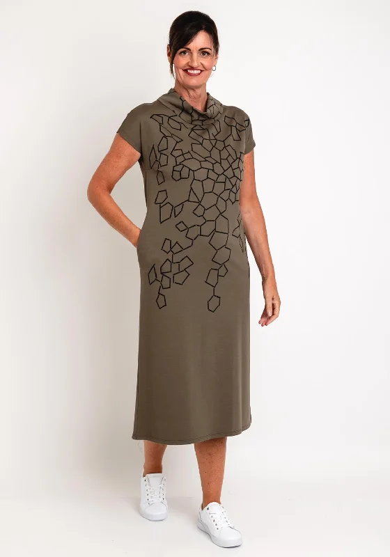 Final Clearance Naya High Neck Geometric Pattern Midi Dress, Black & Khaki