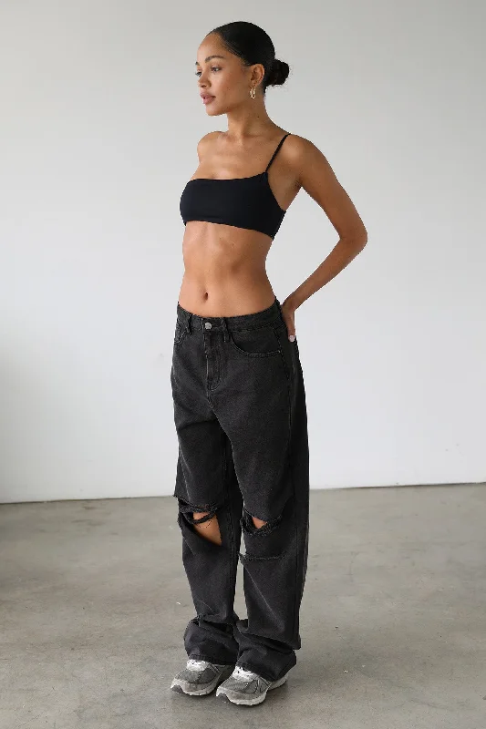 Steals and Deals DOGMA High Rise Straight Wide Leg Skater Denim Jeans Black Wash