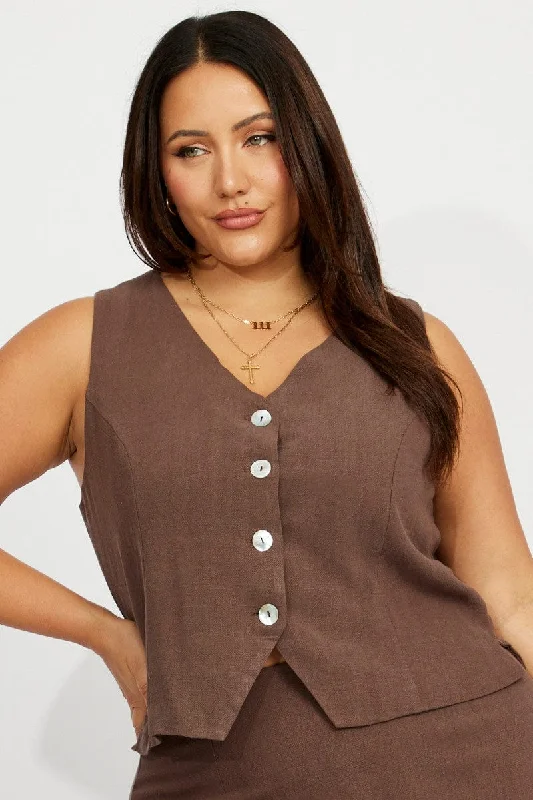 Exclusive Deal Brown Linen Blend Shell Button Fitted Vest