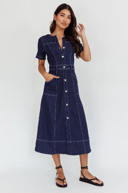 Low Prices Aspen Love Front Pocket Midi Dress Indigo