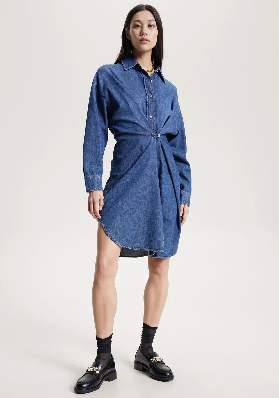 One-DAY Sale Tommy Hilfiger Womens Gathered Waist Denim Dress, Medium Blue