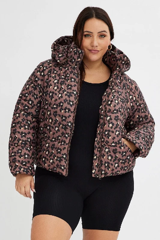 Epic Deals Brown Animal Print Puffer Jacket Long Sleeve Leopard