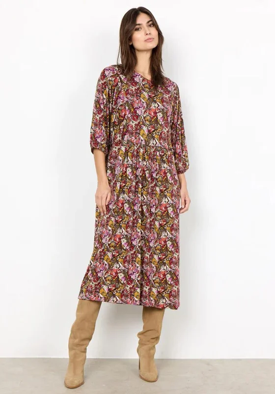 Savings Bonanza Soyaconcept Marica Puff Sleeve Floral Print Midi Dress, Bordeaux