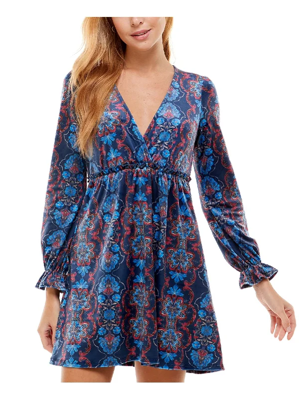 Limited Quantity CITY STUDIO Womens Ruffled Floral Long Sleeve Surplice Neckline Short Fit + Flare Dress