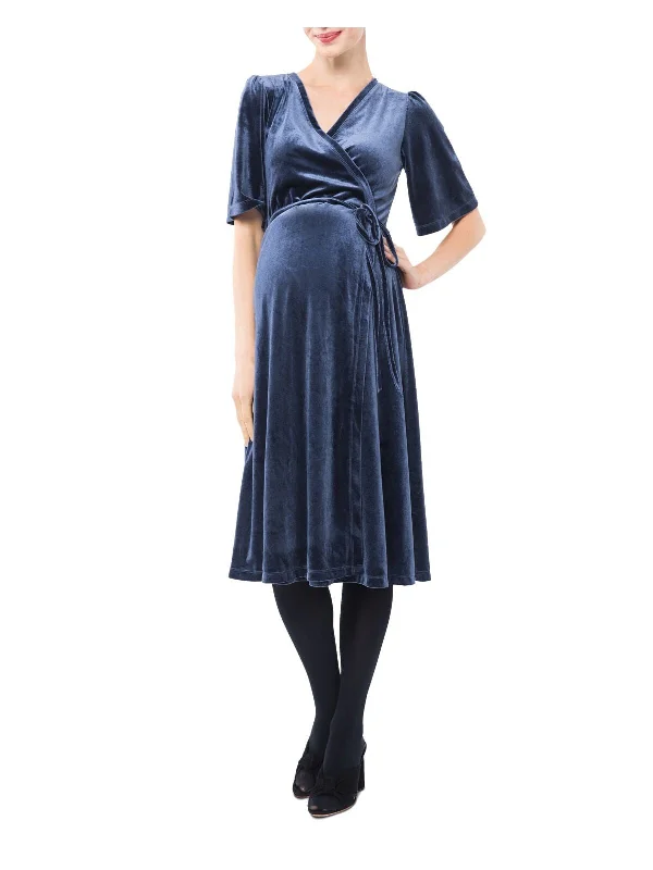 Online Exclusive NOM Womens Blue Short Sleeve Knee Length Wrap Dress