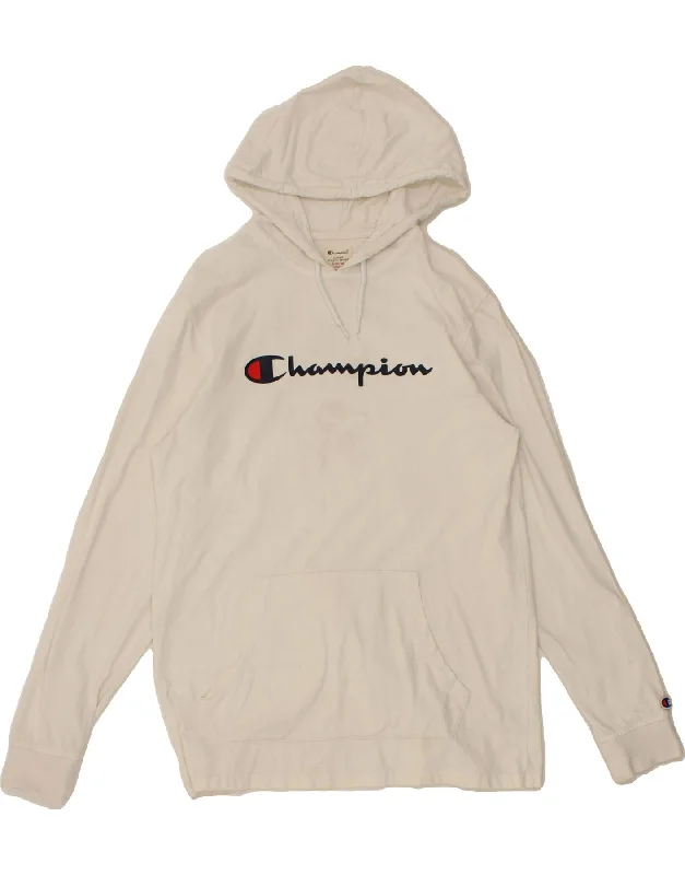 Overstock Sale CHAMPION Womens Graphic Hoodie Jumper UK 14 Medium Off White Cotton