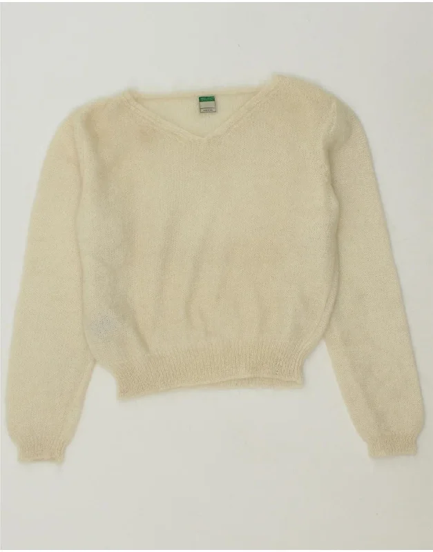 Lowest Price BENETTON Womens Crop V-Neck Jumper Sweater UK 16 Large Off White Mohair