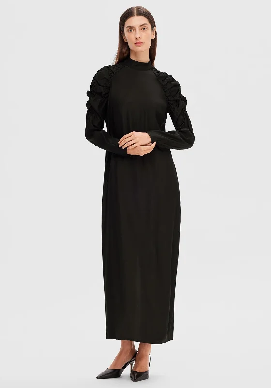 Year-End Clearance Selected Femme Nora Ruched Shoulder Detail Long Dress, Black