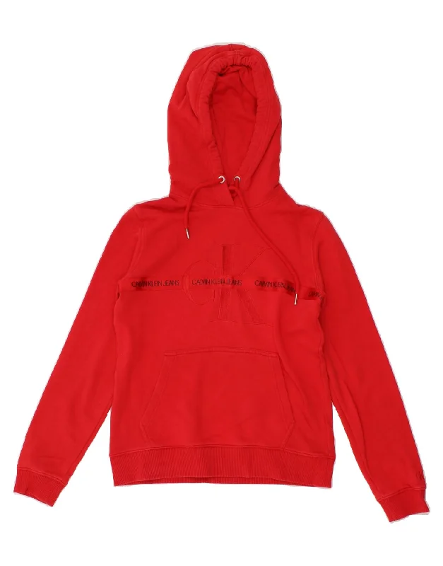 Exclusive Preview CALVIN KLEIN Womens Graphic Hoodie Jumper UK 10 Small Red Cotton