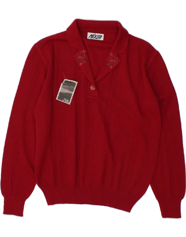 Last Chance VINTAGE Womens Polo Neck Jumper Sweater IT 48 XL Red Floral Wool