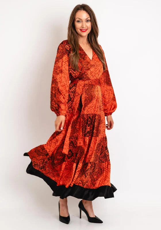Limited Quantity Natalia Collection One Size Patchwork Print Satin Tiered Maxi Dress, Orange