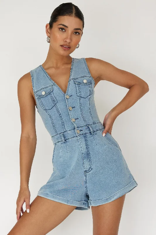 Doorbuster Deal Jazelle Button Front Romper Denim
