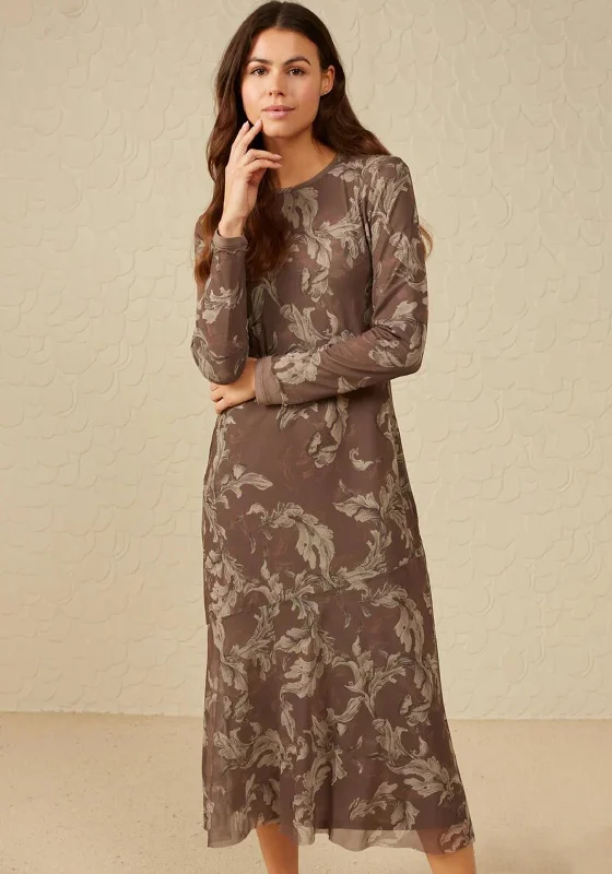 Markdowns YAYA Historio Print Mesh Maxi Dress, Falcon Brown Dessin