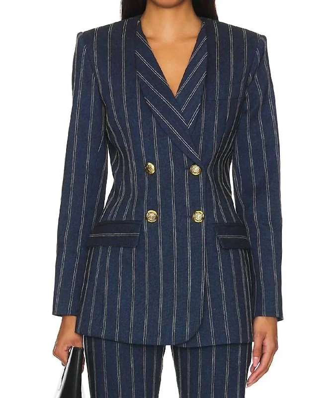 Price Break Pinstripe Double Breasted Blazer In Navy