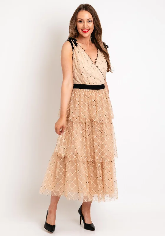 Big Discounts Fee G Beaded Mesh Tiered Midi Dress, Nude