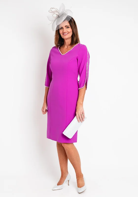 Don't Wait Lizabella Pearl Trim Tulip Sleeve Pencil Midi Dress, Fuchsia