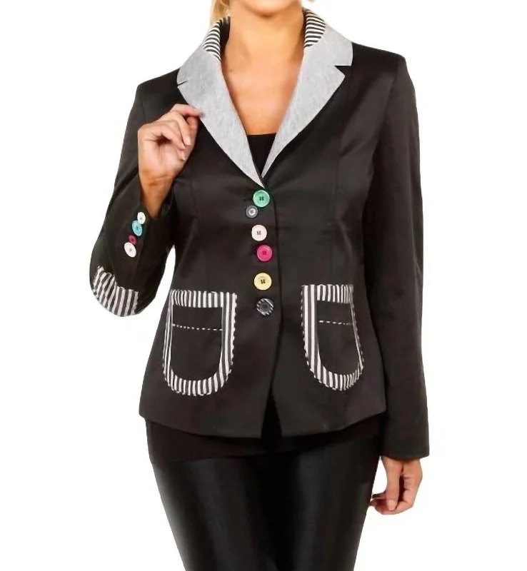 Deal Alert Mixed Media Button Blazer In Black/gray