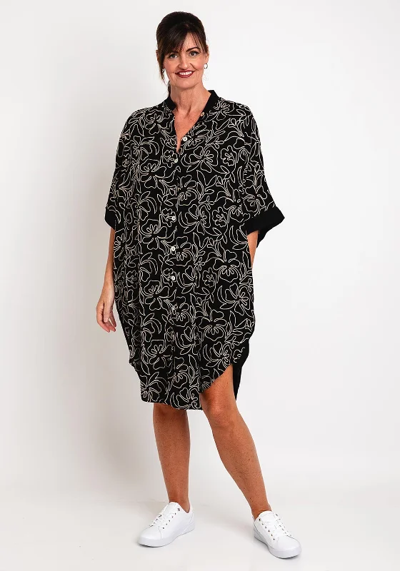 Final Clearance Natalia Collection One Size Embroider Floral Printed Midi Shirt Dress, Black