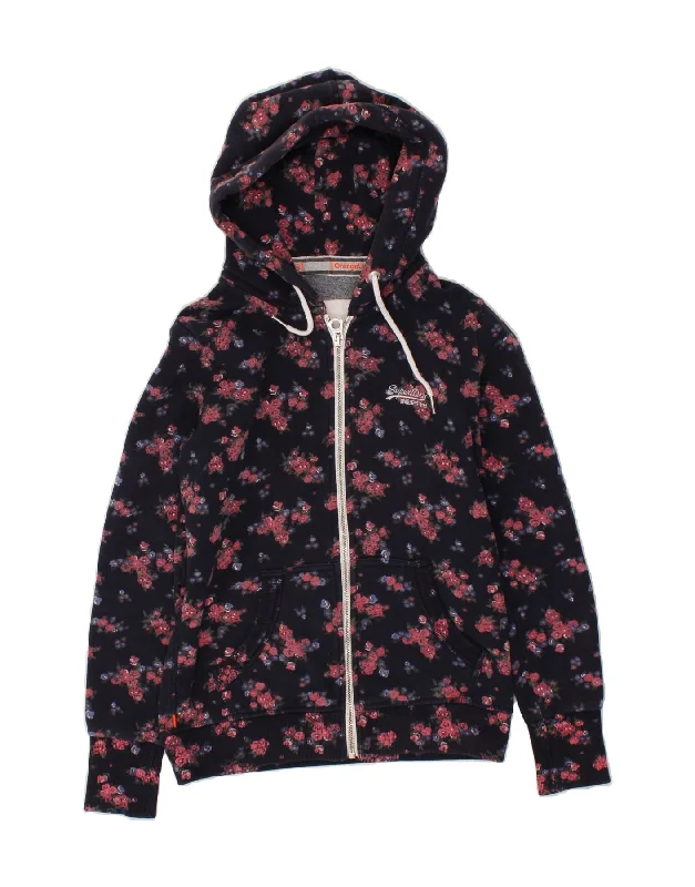 Act Now SUPERDRY Womens Zip Hoodie Sweater UK 14 Medium Navy Blue Floral Cotton