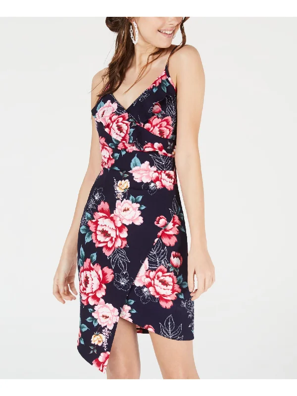 Warehouse Sale CRAVE FAME Womens Navy Ruffled Floral Spaghetti Strap V Neck Mini Cocktail Sheath Dress Warehouse Sale CRAVE FAME Womens Navy Ruffled Floral Spaghetti Strap V Neck Mini Cocktail Sheath Dress