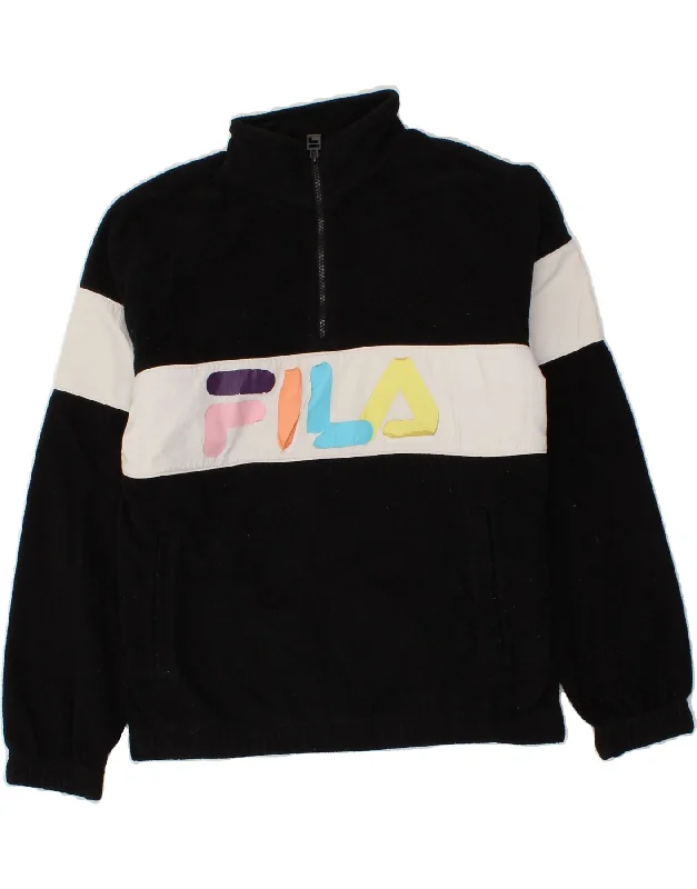 Can't Be Beat FILA Womens Graphic Zip Neck Fleece Jumper UK 14 Medium Black Colourblock Can't Be Beat FILA Womens Graphic Zip Neck Fleece Jumper UK 14 Medium Black Colourblock