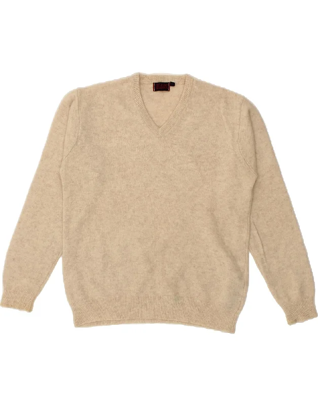 Overstock SLAM Womens V-Neck Jumper Sweater UK 14 Large Beige Wool