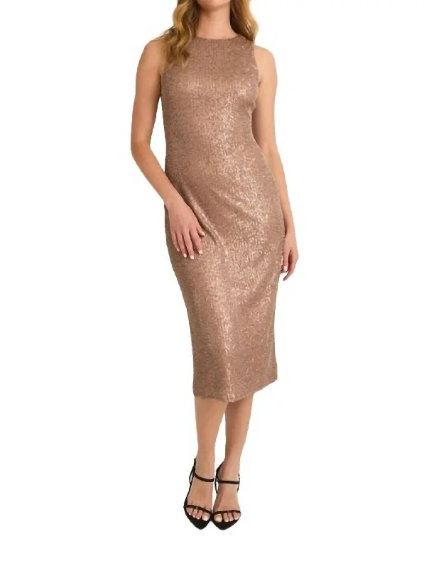 Extra Discounts High Neck Sequin Midi Dress In Mocha