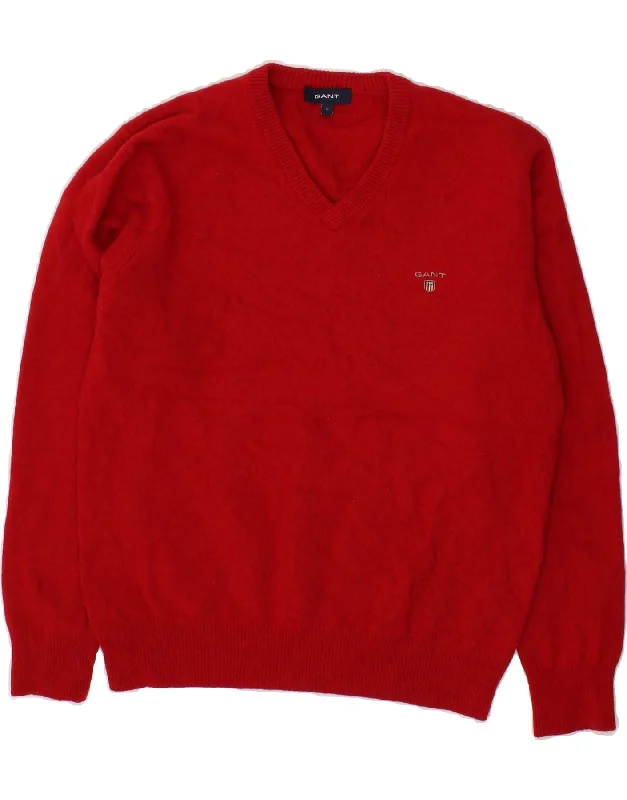 Price Buster GANT Womens V-Neck Jumper Sweater UK 16 Large Red Lambswool