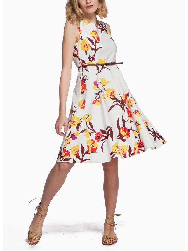 While Supplies Last MAXMARA Womens Beige Belted Zippered Unlined Floral Short Sleeve V Neck Knee Length Fit + Flare Dress