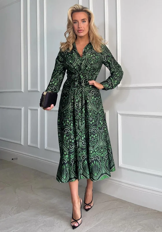 Early Bird Discount Girl in Mind Odette Border Print Shirt Dress, Green