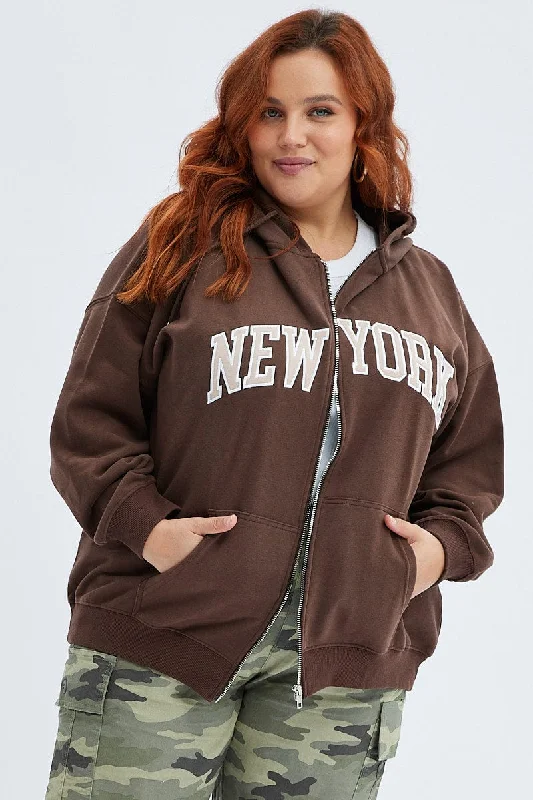 Bargain Blast Brown Zip Hoodie Jacket New York Embroidery