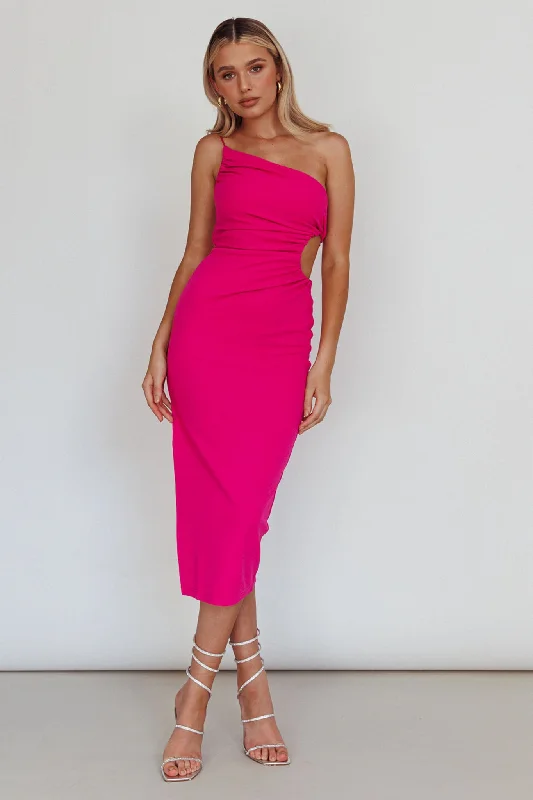 Epic Deals Taking Bets One Shoulder Cut-Out Midi Dress Hot Pink