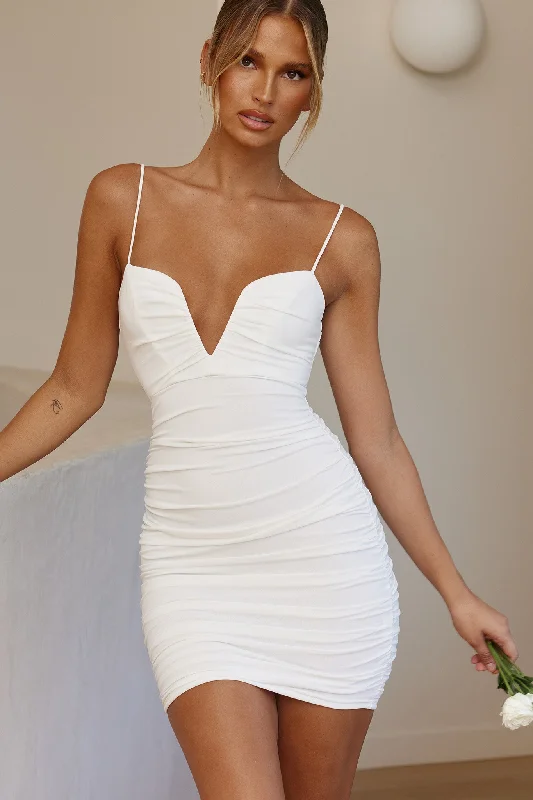 Massive Deals Good Vibes Cami Strap Deep V-Neckline Ruched Mini Dress White