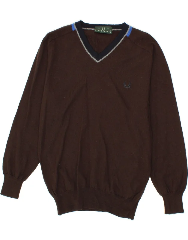 Flash Sale FRED PERRY Womens V-Neck Jumper Sweater UK 14 Large Brown Wool
