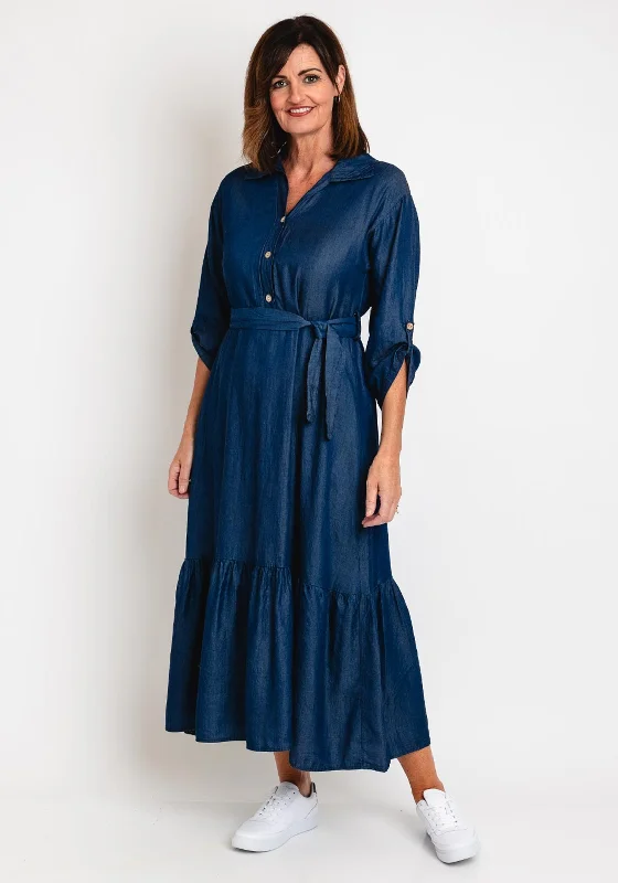 Price Buster Serafina Collection One Size Belted Maxi Shirt Dress, Denim Blue