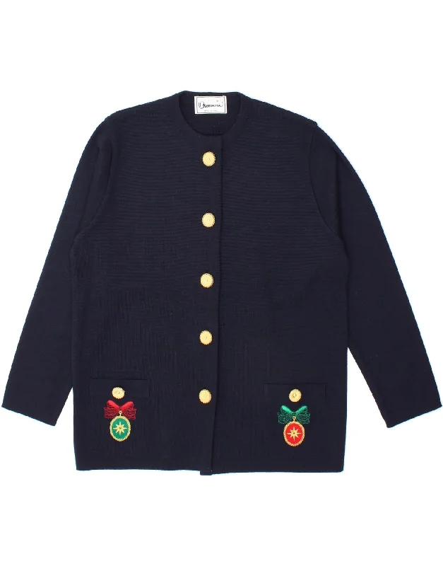 Midnight Sale VINTAGE Womens Graphic Cardigan Sweater UK 18 XL Navy Blue Christmas