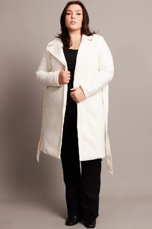 Low Prices White Long Belted Wrap Coat