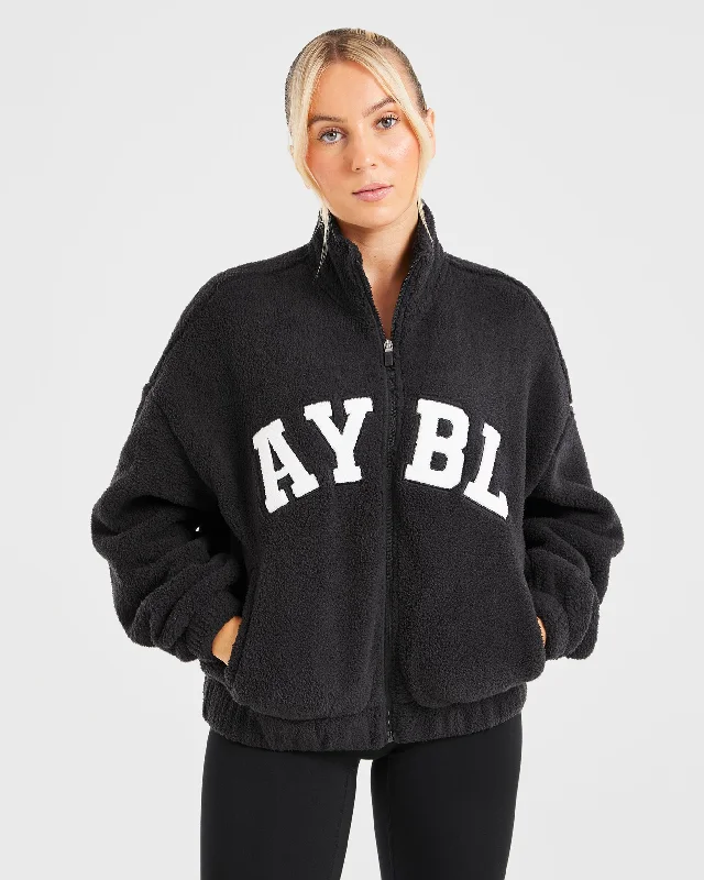 Mega Sale Varsity Oversized Fleece Zip Up Jacket - Black