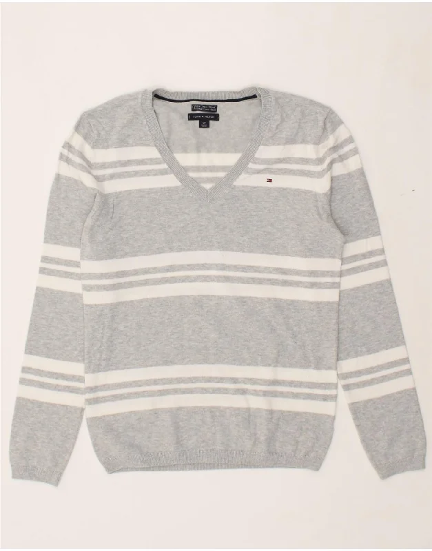 Deal Explosion TOMMY HILFIGER Womens V-Neck Jumper Sweater UK 10 Small Grey Striped
