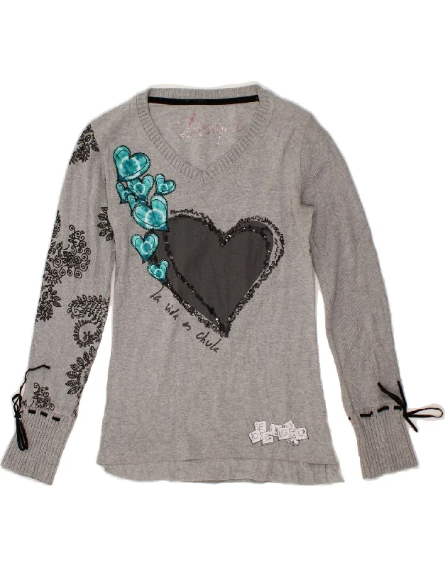 One-DAY Sale DESIGUAL Womens V-Neck Jumper Sweater UK 10 Small Grey Paisley Heart
